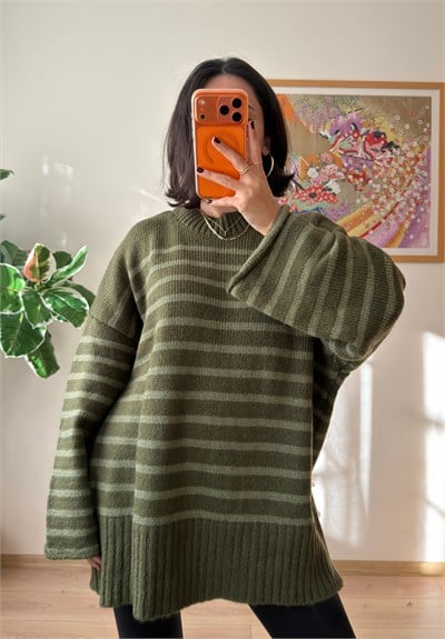 Çizgili Oversize Pinterest Kazak Haki-Yeşil
