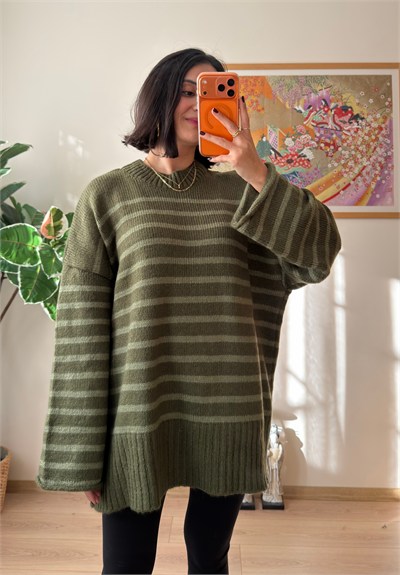 Çizgili Oversize Pinterest Kazak Haki-Yeşil