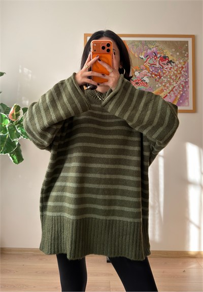 Çizgili Oversize Pinterest Kazak Haki-Yeşil