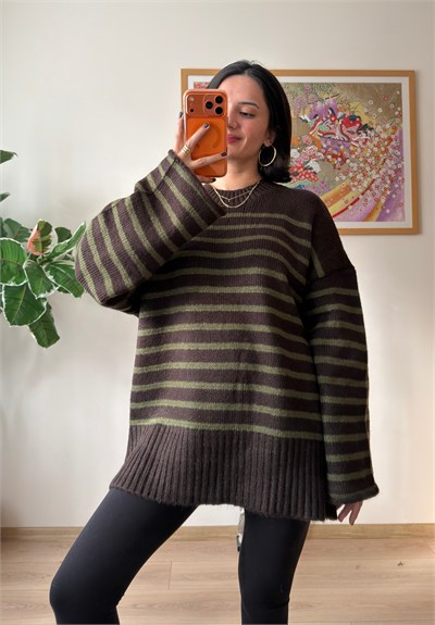 Çizgili Oversize Pinterest Kazak Kahve-Yeşil