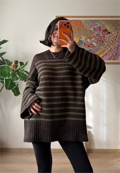 Çizgili Oversize Pinterest Kazak Kahve-Yeşil