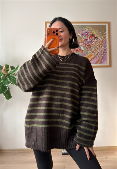 Çizgili Oversize Pinterest Kazak Kahve-Yeşil