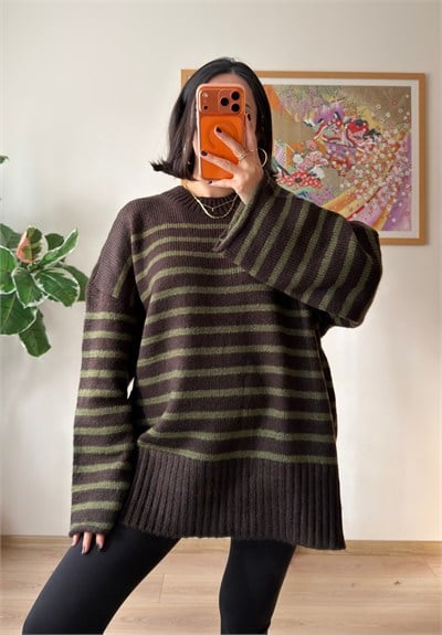 Çizgili Oversize Pinterest Kazak Kahve-Yeşil
