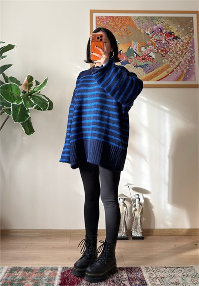 Çizgili Oversize Pinterest Kazak Lacivert-Mavi