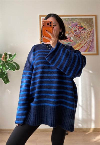 Çizgili Oversize Pinterest Kazak Lacivert-Mavi
