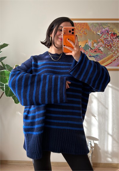 Çizgili Oversize Pinterest Kazak Lacivert-Mavi