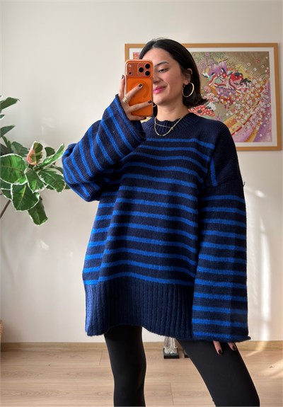 Çizgili Oversize Pinterest Kazak Lacivert-Mavi