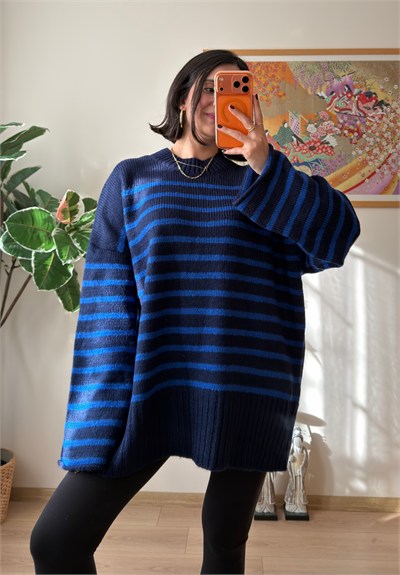 Çizgili Oversize Pinterest Kazak Lacivert-Mavi