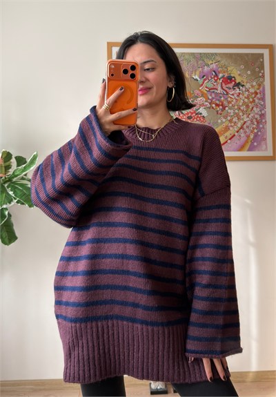 Çizgili Oversize Pinterest Kazak Mürdüm-Lacivert