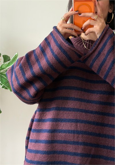 Çizgili Oversize Pinterest Kazak Mürdüm-Lacivert