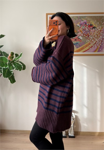 Çizgili Oversize Pinterest Kazak Mürdüm-Lacivert