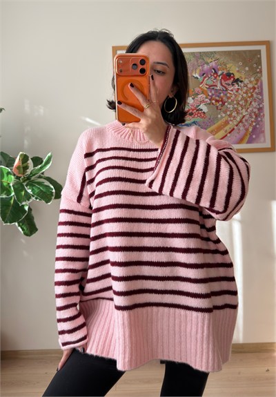 Çizgili Oversize Pinterest Kazak Pudra-Bordo