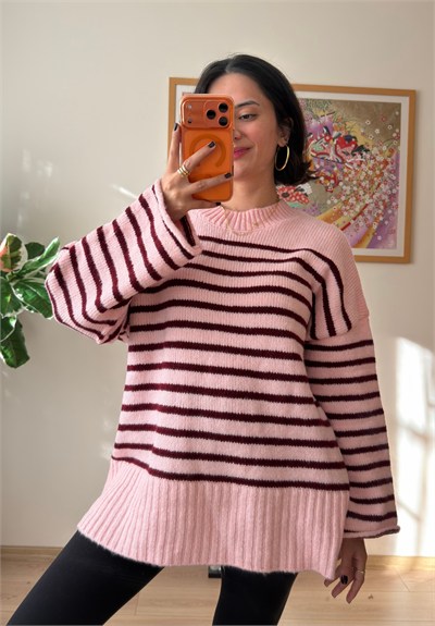 Çizgili Oversize Pinterest Kazak Pudra-Bordo