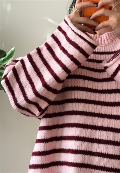 Çizgili Oversize Pinterest Kazak Pudra-Bordo