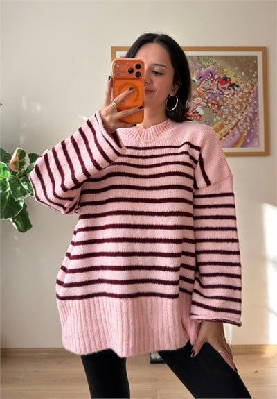 Çizgili Oversize Pinterest Kazak Pudra-Bordo