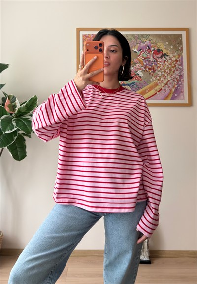 Çizgili Sırt Yazı Baskılı Oversize Sweatshirt Pembe