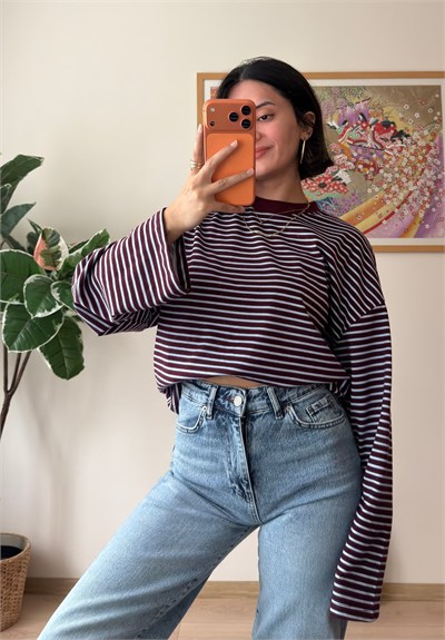 Çizgili Sırt Yazı Baskılı Oversize Sweatshirt Bordo