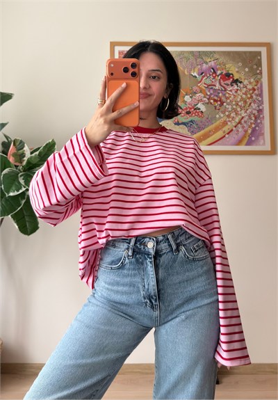Çizgili Sırt Yazı Baskılı Oversize Sweatshirt Pembe