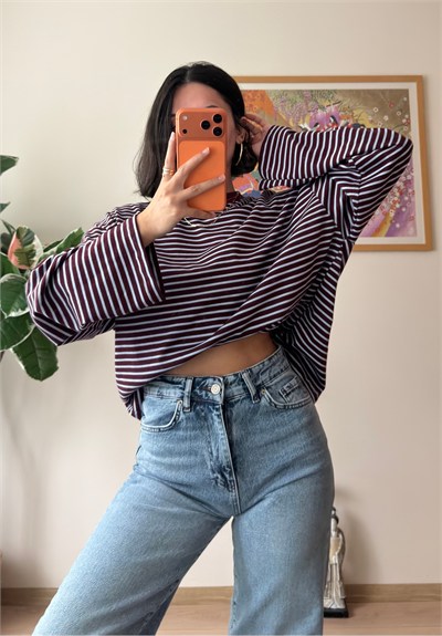 Çizgili Sırt Yazı Baskılı Oversize Sweatshirt Bordo