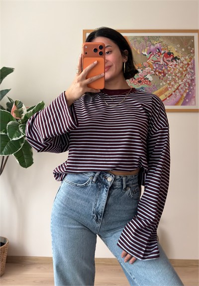 Çizgili Sırt Yazı Baskılı Oversize Sweatshirt Bordo