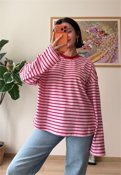 Çizgili Sırt Yazı Baskılı Oversize Sweatshirt Pembe