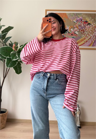 Çizgili Sırt Yazı Baskılı Oversize Sweatshirt Pembe