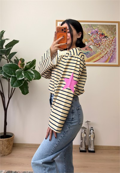 Çizgili Yıldız Baskılı Geniş Kol Oversize Sweatshirt Sarı