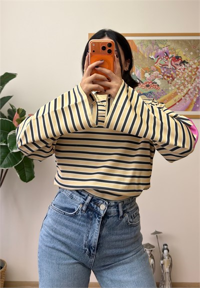 Çizgili Yıldız Baskılı Geniş Kol Oversize Sweatshirt Sarı