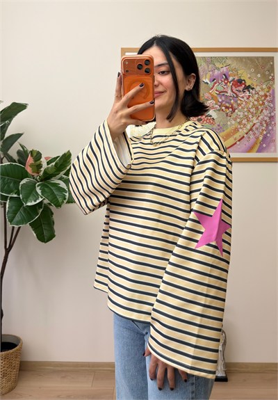 Çizgili Yıldız Baskılı Geniş Kol Oversize Sweatshirt Sarı
