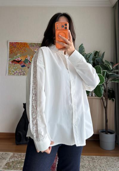 Dantel Detaylı Pinterest Gömlek Beyaz 