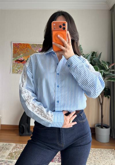 Dantel Detaylı Pinterest Gömlek Mavi