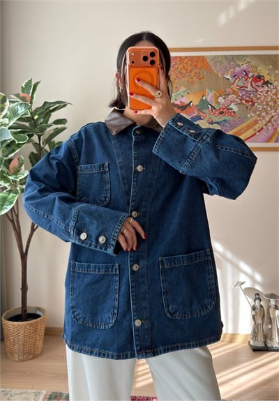 Deri Yaka Üç Cepli Oversize Denim Ceket