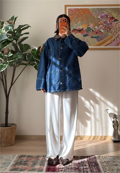 Deri Yaka Üç Cepli Oversize Denim Ceket