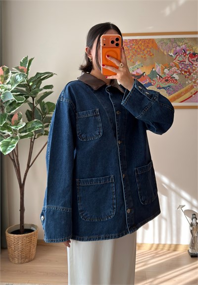 Deri Yaka Üç Cepli Oversize Denim Ceket