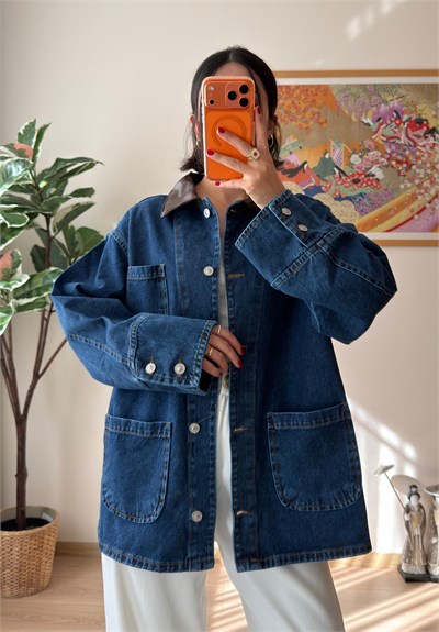 Deri Yaka Üç Cepli Oversize Denim Ceket