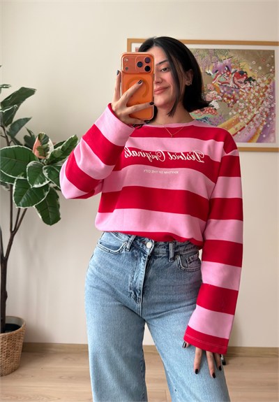 District Baskılı Oversize Sweatshirt Pembe