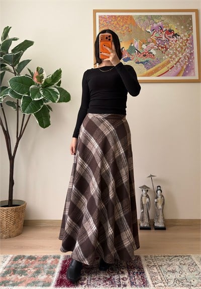 Ekose Desenli A Kesim Uzun Beli Lastikli Kaşe Etek Kahve