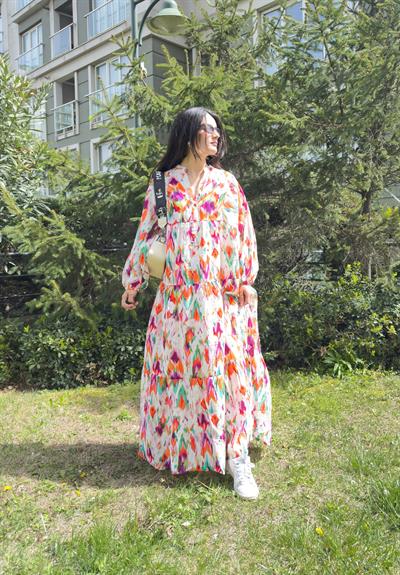 Ena Desenli V Yaka Elbise Pembe