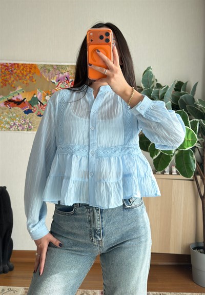 Eri Dantel Detaylı Bluz Mavi