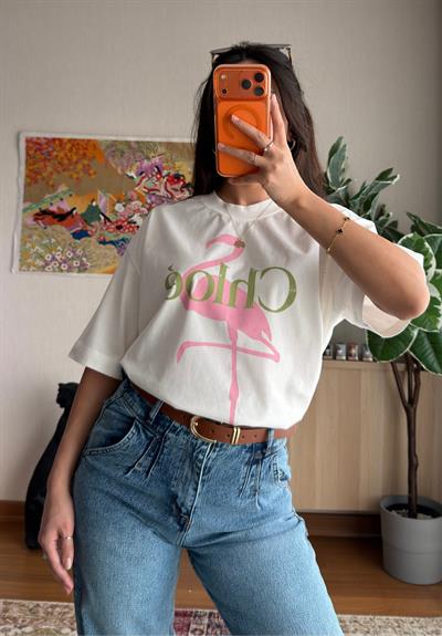 Flamingo Baskılı Vintage T-Shirt 