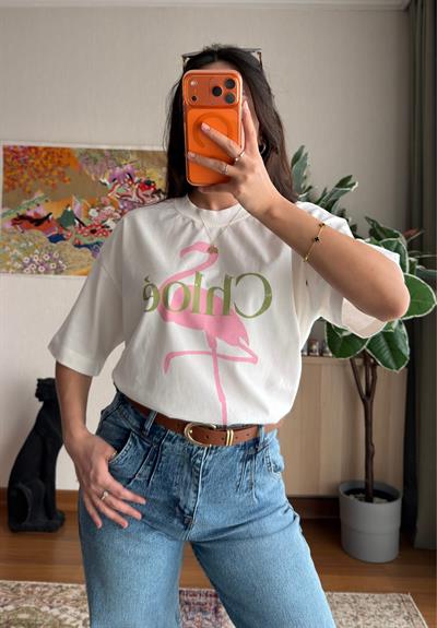 Flamingo Baskılı Vintage T-Shirt 