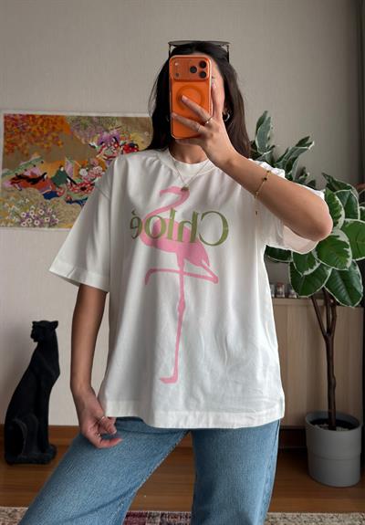 Flamingo Baskılı Vintage T-Shirt 