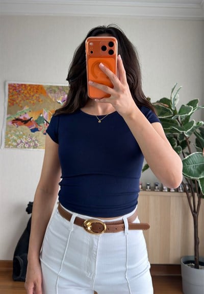 Geniş Bisiklet Yaka Crop T-Shirt Lacivert