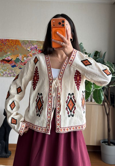 Giichi Etnik Desen Nakışlı Ceket