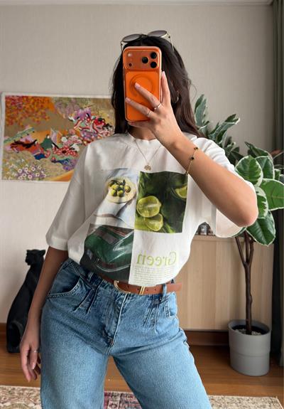 Green Baskılı Vintage T-Shirt 