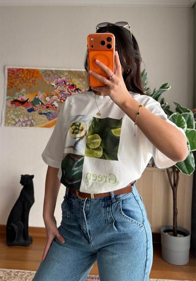 Green Baskılı Vintage T-Shirt 