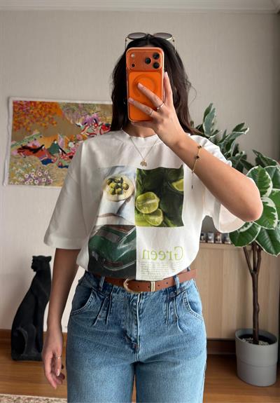 Green Baskılı Vintage T-Shirt 