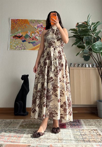 Halter Yaka Desenli Elbise