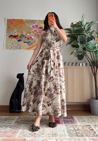 Halter Yaka Desenli Elbise