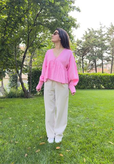 Hinata V Yaka Müslin Bluz Pembe